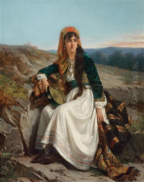 Madchen In Festlicher Tracht Mit Tamburin Oil Painting by Jan Frederik Pieter Portielje