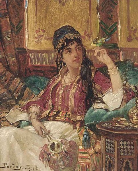 A Harem Beauty With A Songbird Oil Painting by Jan Frederik Pieter Portielje