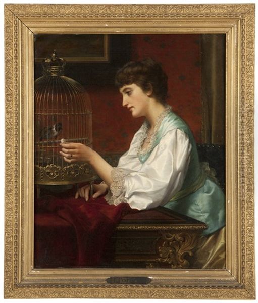 Woman Feeding A Finch Oil Painting by Jan Frederik Pieter Portielje