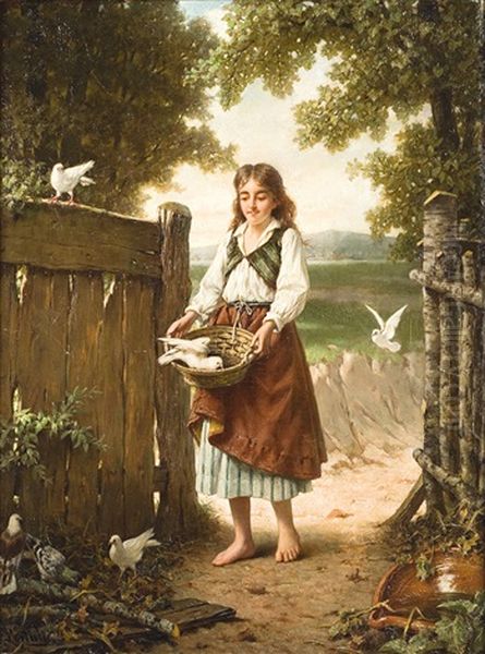 Jeune Fille Aupres Des Pigeons D'ornements Oil Painting by Jan Frederik Pieter Portielje