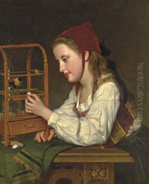 Feeding The Bird Oil Painting by Jan Frederik Pieter Portielje