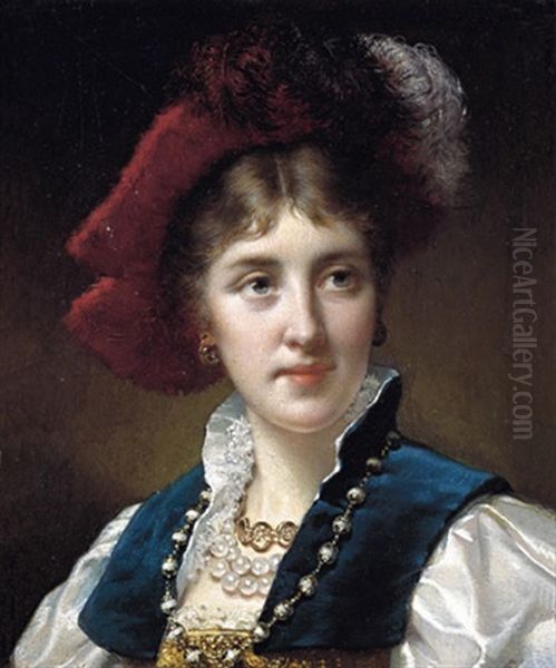 Jonge Vrouw Met Rode Pluimhoed Oil Painting by Jan Frederik Pieter Portielje