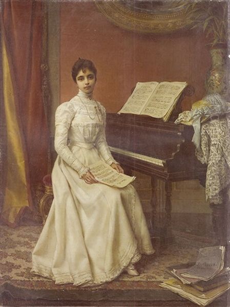 Interior Scene Of A Young Lady Wearing A White Dress Seated At A Piano Forte Oil Painting by Jan Frederik Pieter Portielje