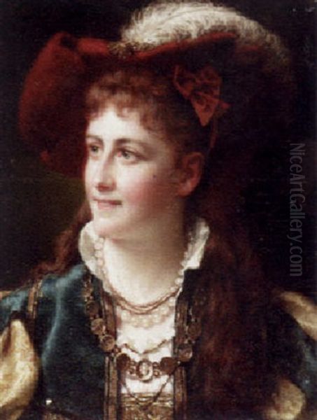 Portrait Of A Lady Wearing A Plumed Hat Oil Painting by Jan Frederik Pieter Portielje