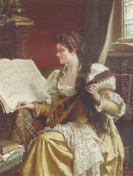 Woman Playing The Mandolin Oil Painting by Jan Frederik Pieter Portielje