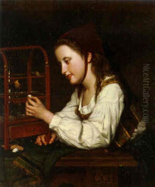 A Young Girl Feeding Her Bird Oil Painting by Jan Frederik Pieter Portielje