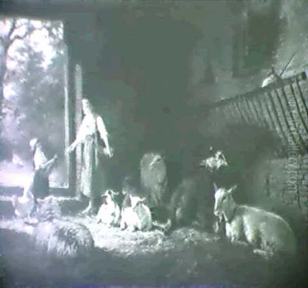 The Little Gift,  Genre Scene With Figures And Livestock In A Manger Oil Painting by Jan Frederik Pieter Portielje