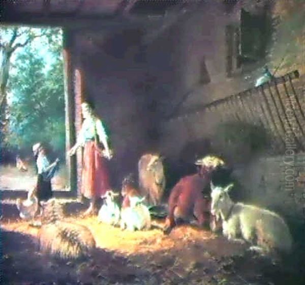 Children And Farm Animals In Abarn Oil Painting by Jan Frederik Pieter Portielje