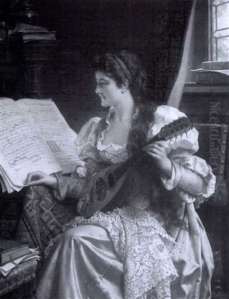 A Young Lady With Her Mandolin Oil Painting by Jan Frederik Pieter Portielje