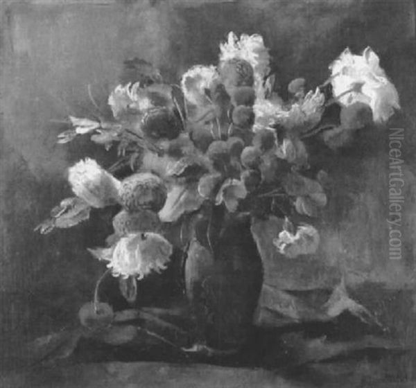 Bunter Blumenstraus In Einer Orangeroten Vase Oil Painting by Alexander Posch