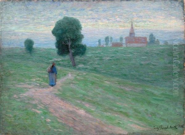 Paysage A La Promeneuse Et A L'eglise Oil Painting by Evgeniy Ivanovich Pospolitaki