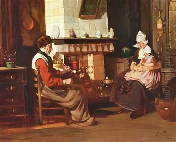 En Hollandsk Familie Ved Ildstedet Oil Painting by Rudolf Possin