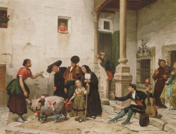 Selling Raffle Tickets For The Prize Pig Oil Painting by Gerritt Postma