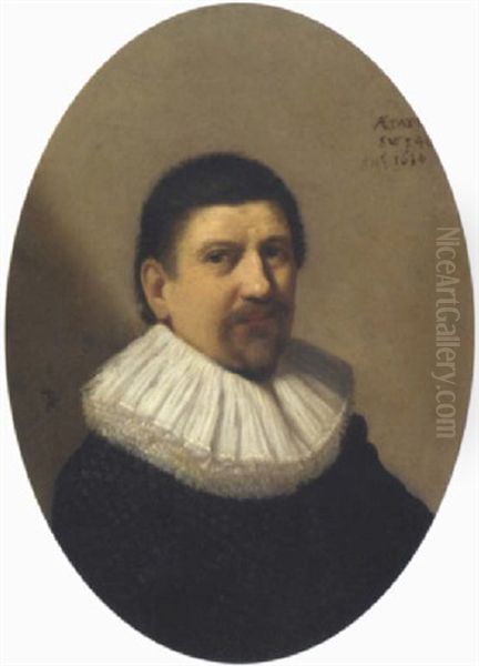Portrait Of A Gentleman, Aged 46, In A Black Coat And A White Ruff Oil Painting by Hendrick Gerritsz. Pot