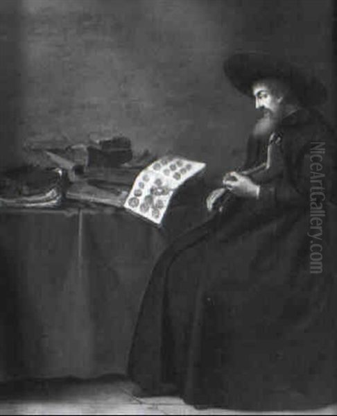 Scholar Playing An Ass' Jawbone At A Table Laden With Books Oil Painting by Hendrick Gerritsz. Pot