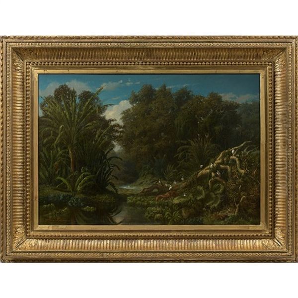 Paysage Probablement De Madagascar Anime D'aigrettes Garzettes Oil Painting by Adolphe Martial Potemont