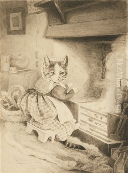 Kitten Warming Her Paws By The Kitchen Fire Oil Painting by Helen Beatrix Potter