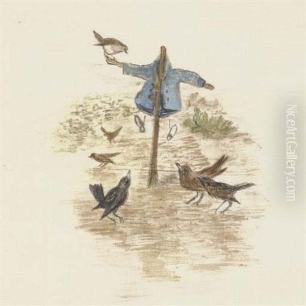 Mr. Mcgregor Hung Up The Little Jacket And The Shoes For A Scare-crow To Frighten The Blackbirds Oil Painting by Helen Beatrix Potter