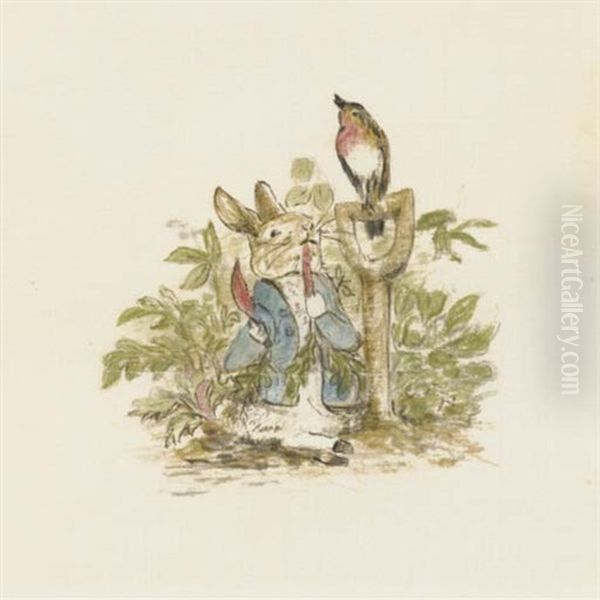 First He Ate Some Lettuces And Some French Beans; And Then He Ate Some Radishes Oil Painting by Helen Beatrix Potter