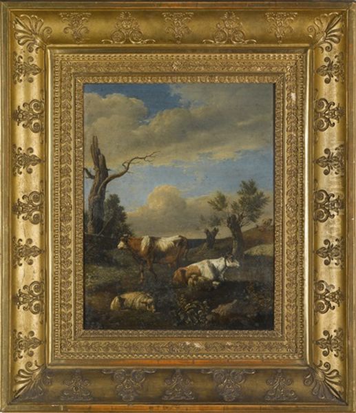 Cattle And A Sheep In A Landscape With A Blasted Tree Oil Painting by Paulus Potter