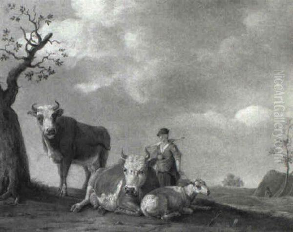 A Milkmaid With Cows And A Sheep By A Tree In A Landscape Oil Painting by Paulus Potter