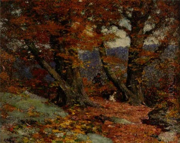 Hunter And Dog In An Autumn Landscape Oil Painting by Edward Henry Potthast