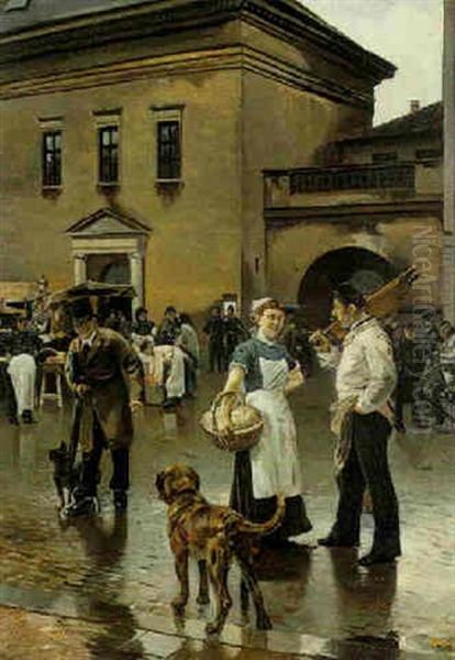 Talking In The Market Square Oil Painting by Emil Pottner