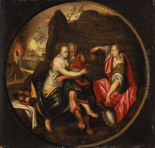 Lot Und Seine Tochter, Im Hintergrund Die Zerstorung Von Sodom Und Gomorrah Oil Painting by Pieter Pourbus