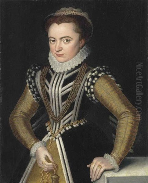 Portrait Of A Lady, Half-length, In A Black Dress With White Fur Trim And A Golden Underskirt And Sleeves, With A Pomander In Her Right Hand Attached... Oil Painting by Pieter Pourbus