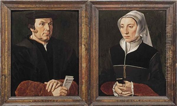 Portrait Of Leonard (lenaert) Van Casembroot (1495-1558), Burgomaster Of Bruges...; Portrait Of Godelieve Brest (?) (1510-1570)... (diptych) Oil Painting by Pieter Pourbus
