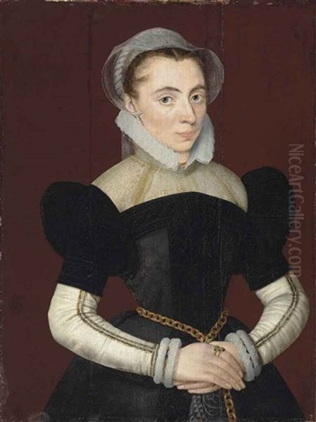 Portrait Of A Woman, Half-length, In A Black Dress With White Sleeves, A Bonnet, And A Gold Chain Around Her Waist Oil Painting by Pieter Pourbus