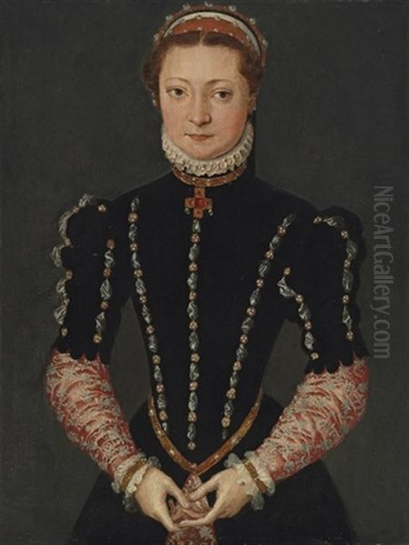 Portrait Of A Lady In A Black Dress Embroidered With Pearls, With A Scarlet And Silver Under Skirt And Sleeves Oil Painting by Pieter Pourbus