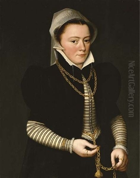 Portrait Of A Lady Wearing A Striped Bodice And Black Coat, Holding A Pomander On A Gold Chain Oil Painting by Pieter Pourbus