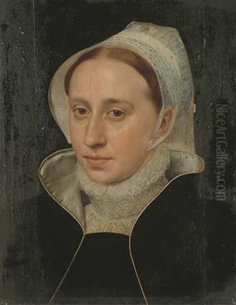 Portrait De Femme En Buste A La Coiffe Blanche Oil Painting by Pieter Pourbus