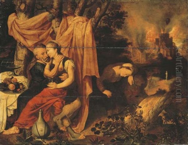 Lot And His Daughters, The Destruction Of Sodom And Gomorrah Beyond Oil Painting by Pieter Pourbus
