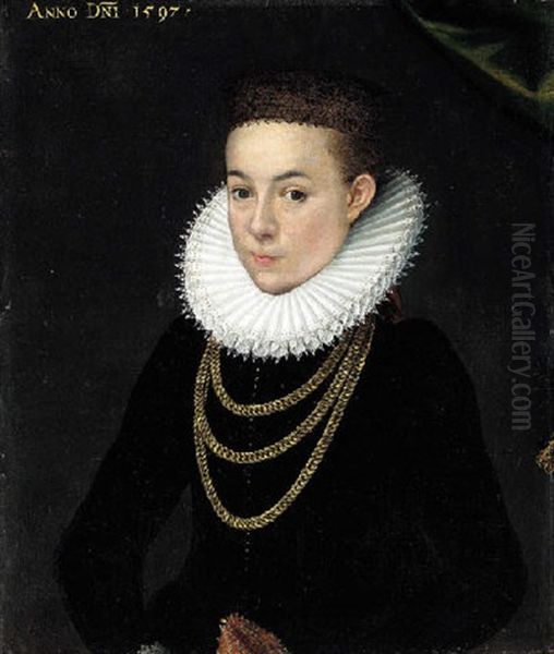 Portrait Of A Girl In Black Robes, With A White Collar And Gold Chains Oil Painting by Pieter Pourbus