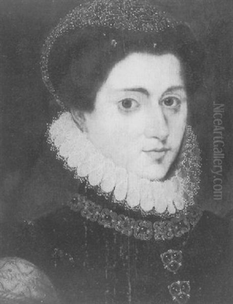 Portrait Of A Lady Wearing A Black Dress With Orange Sleeves, A White Ruff, A Jewelled Necklace And Headdress Oil Painting by Pieter Pourbus