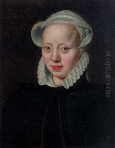 Portrait Of A Lady In A Black Dress Trimmed With Fur And A White Collar And Bonnet Oil Painting by Pieter Pourbus
