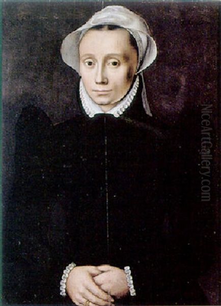 A Portrait Of A Lady, Wearing A Black Dress With Collar Oil Painting by Pieter Pourbus