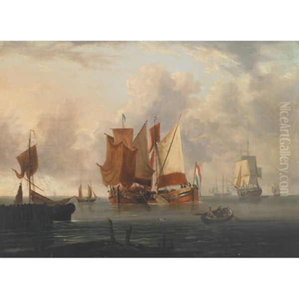 Warships And Dutch Hoys Entering A Harbor Oil Painting by Charles Martin Powell