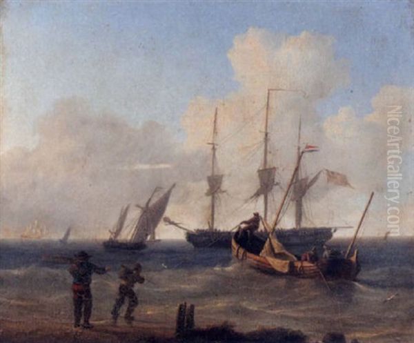 A Brig And Other Shipping In Rough Seas Off The Coast Oil Painting by Charles Martin Powell