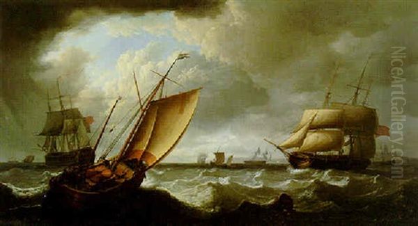Man-o'-war And Sailing Ships Off Shore Oil Painting by Charles Martin Powell