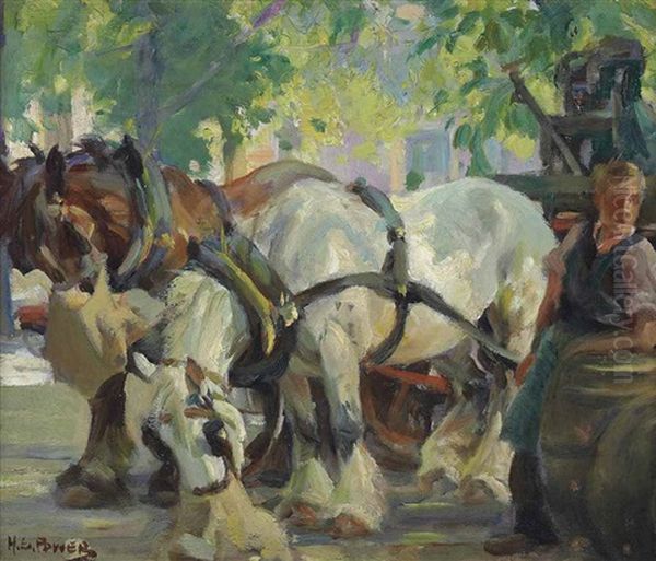 Brew House Carthorses Oil Painting by Harold Septimus Power