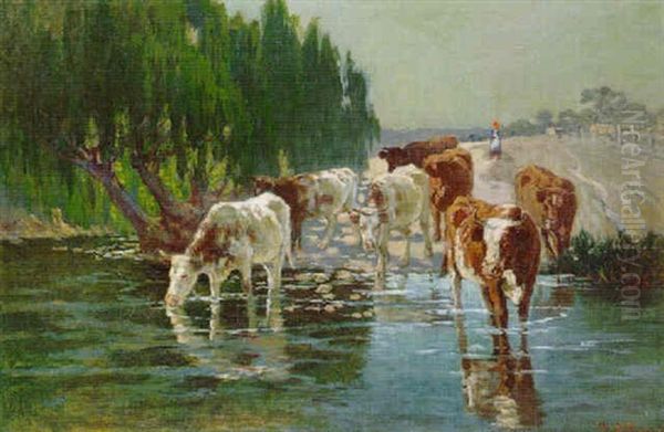 Cattle Drinking By A River Oil Painting by Harold Septimus Power