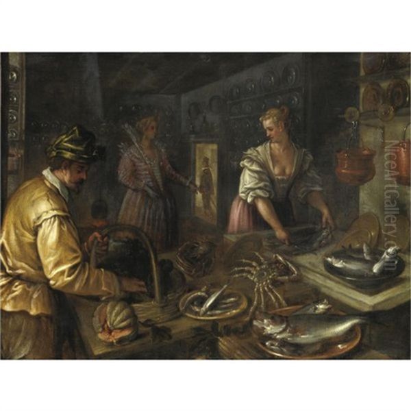 Interno Di Cucina Con Pesci E Crostacei Su Un Tavolo Oil Painting by  Pozzoserrato