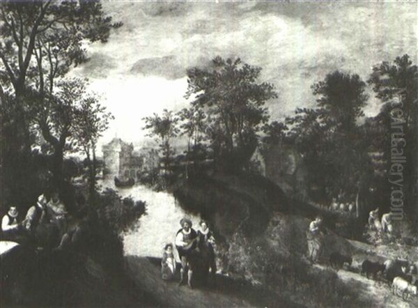 An Elegant Party Seated Playing Music And Making Merry, A   Wooded River Landscape Beyond Oil Painting by  Pozzoserrato