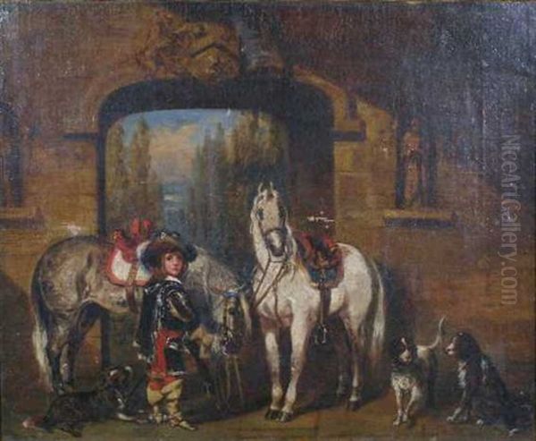 Young Cavalier And Horses In The Courtyard Oil Painting by Alfred F. De Prades
