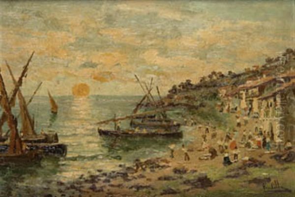 Recogida De La Pesca, Galicia Oil Painting by Miguel Pradilla Gonzalez