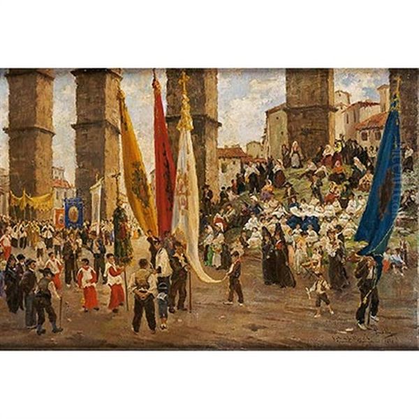 Procesion De La Virgen De La Fuencisla En Segovia Oil Painting by Miguel Pradilla Gonzalez