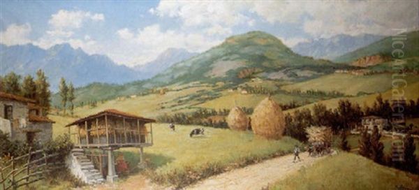Paisaje Asturiano Con Horreo Oil Painting by Miguel Pradilla Gonzalez